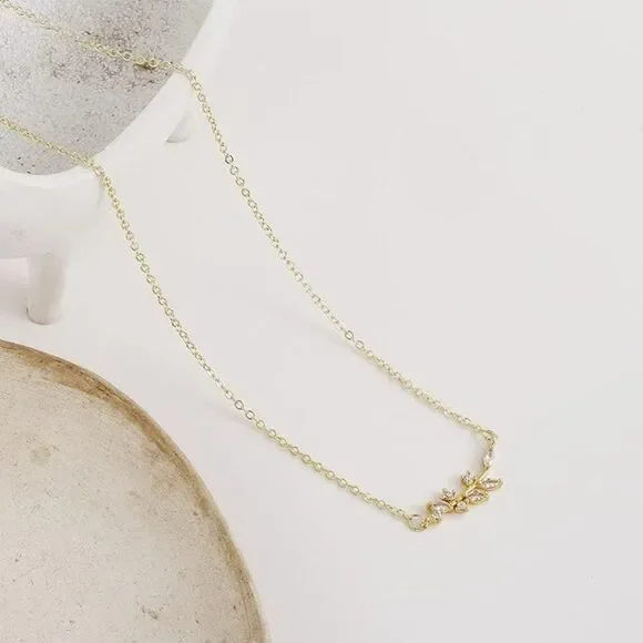 Olive Leaf Necklace 14K Gold Plated CZ Cubic Zirconia Gift for Her Mom Gift